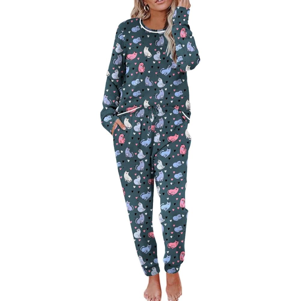 imageEkouaer Valentines Pajamas Womens Long Sleeve Pj Set Soft 2 Piece Loungewear Sleepwear with Jogger Pants XS3XLNavy Cats