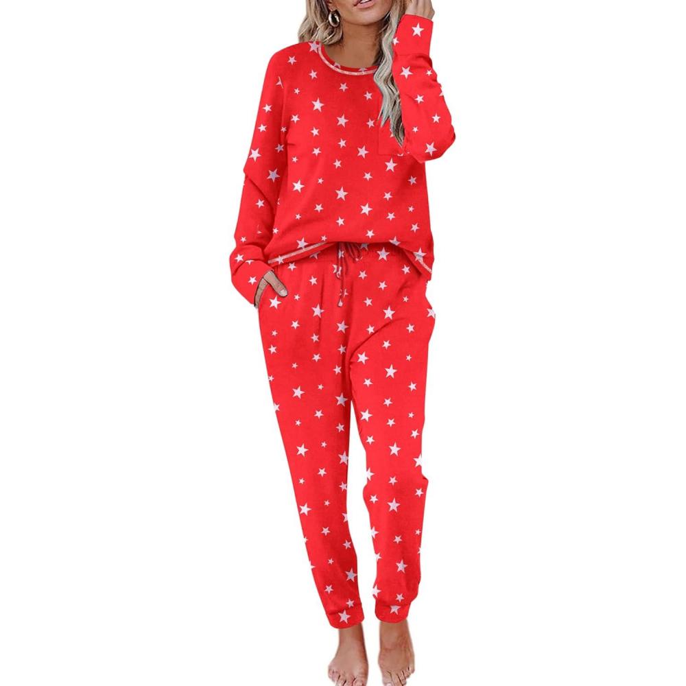 imageEkouaer Valentines Pajamas Womens Long Sleeve Pj Set Soft 2 Piece Loungewear Sleepwear with Jogger Pants XS3XLRed Stars