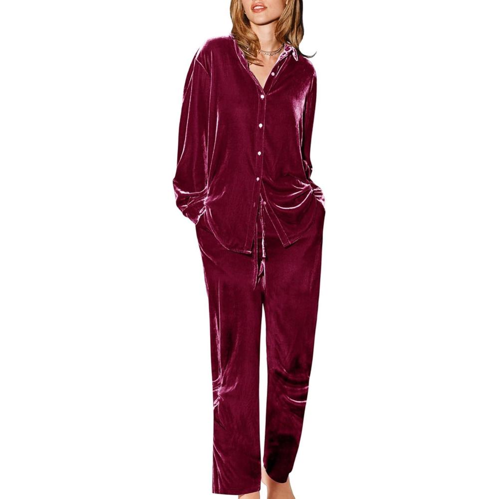 imageEkouaer Velour Track Suits for Women Long Sleeve Pajama Set Casual 2 Piece LoungewearWine Red