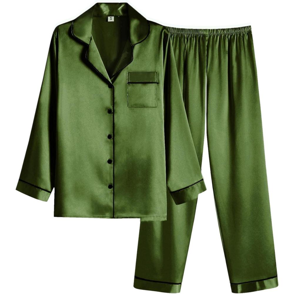 imageEkouaer Women Satin Pajamas Set Classic Button Down Long Pjs SetArmy Green