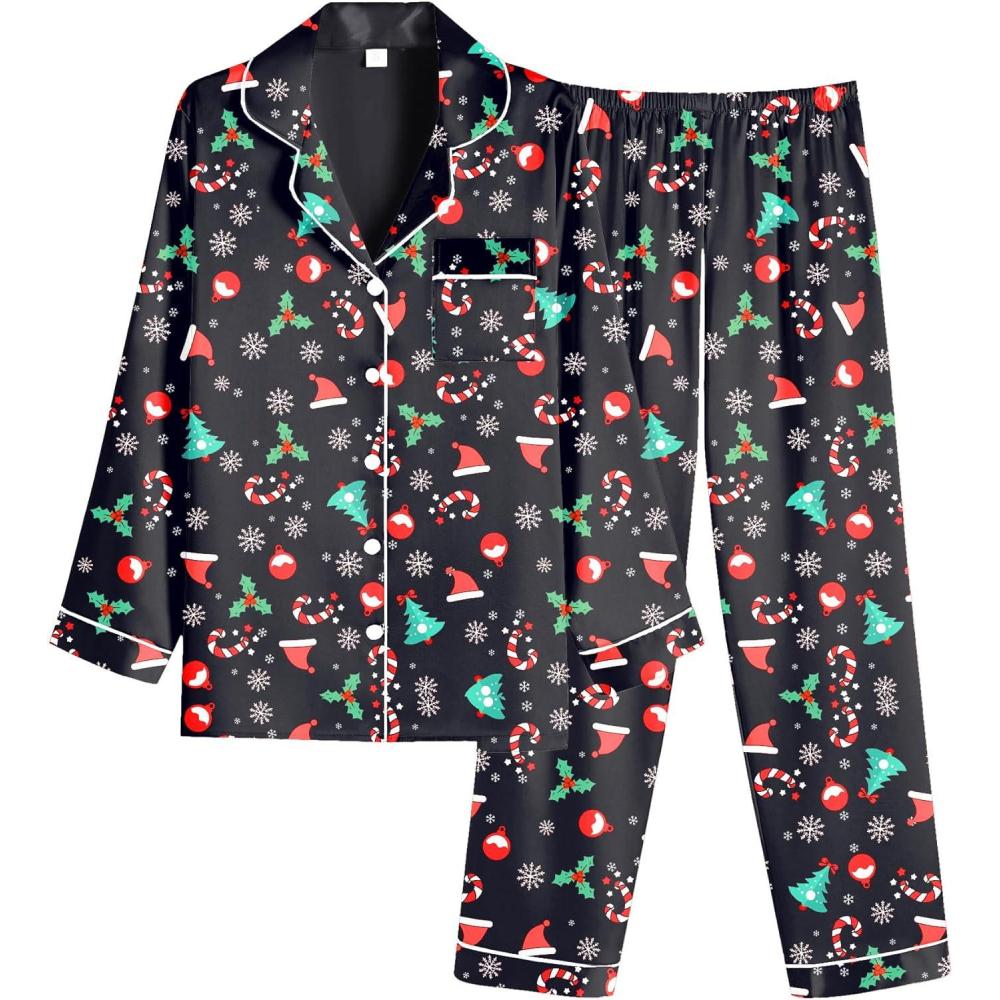 imageEkouaer Women Satin Pajamas Set Classic Button Down Long Pjs SetBlack Chirstmas Pattern