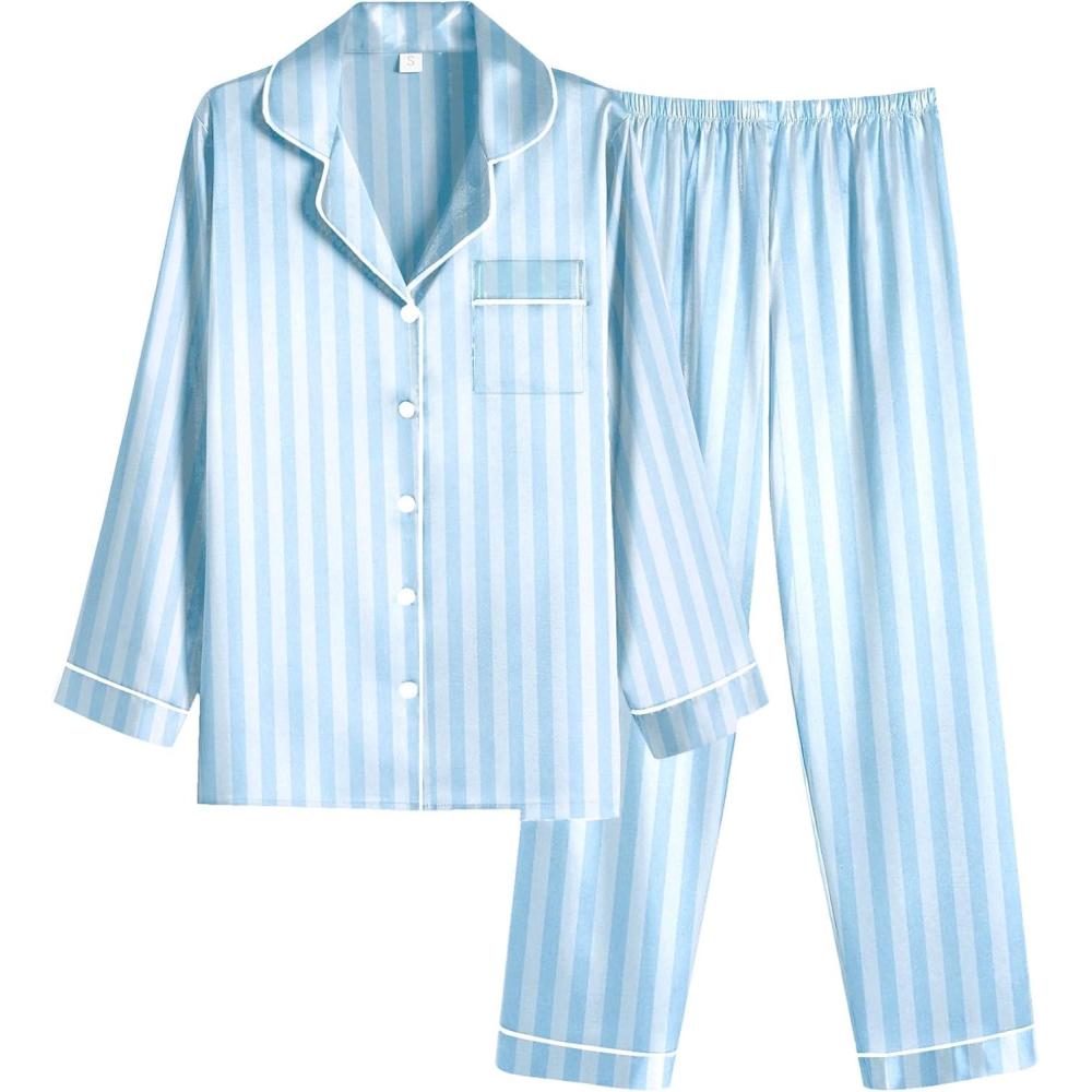 imageEkouaer Women Satin Pajamas Set Classic Button Down Long Pjs SetBlue Stripes