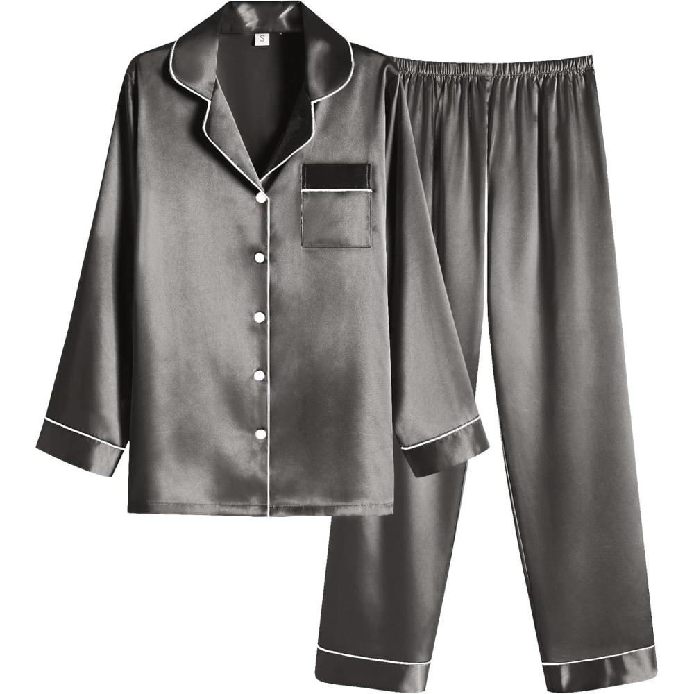 imageEkouaer Women Satin Pajamas Set Classic Button Down Long Pjs SetDeep Grey