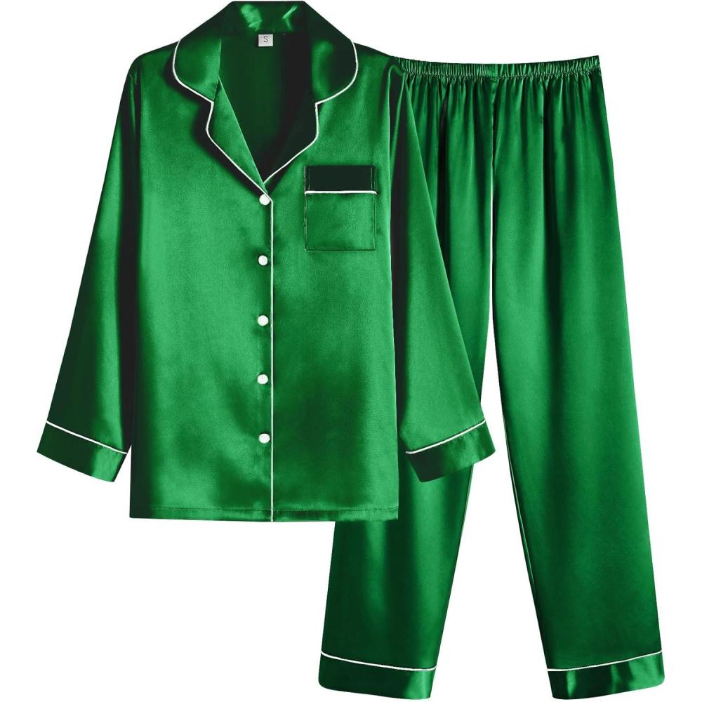 imageEkouaer Women Satin Pajamas Set Classic Button Down Long Pjs SetGreen