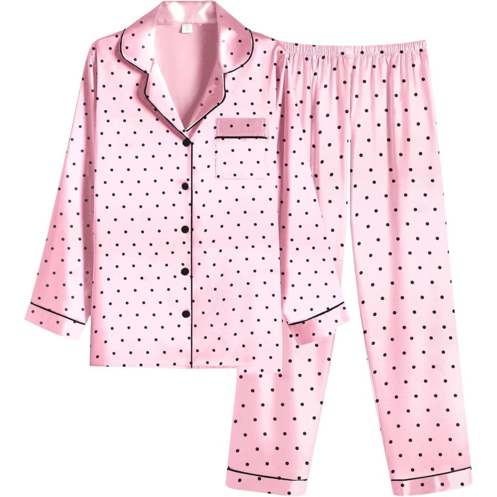 imageEkouaer Women Satin Pajamas Set Classic Button Down Long Pjs SetPink Dots