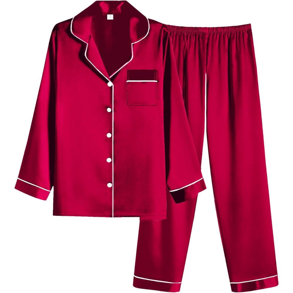 imageEkouaer Women Satin Pajamas Set Classic Button Down Long Pjs SetWine Red