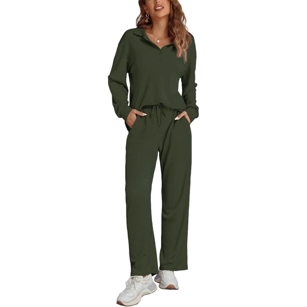 imageEkouaer Womens 2 Piece Matching Lounge Sets Fall Outfits 2025 Sweatsuit Waffle Knit Pajamas Sets Long Sleeve Sweater ClothesArmy Green