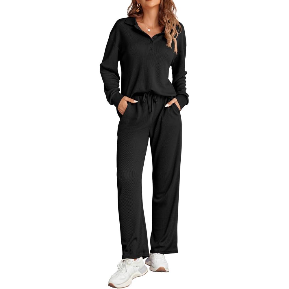 imageEkouaer Womens 2 Piece Matching Lounge Sets Fall Outfits 2025 Sweatsuit Waffle Knit Pajamas Sets Long Sleeve Sweater ClothesBlack