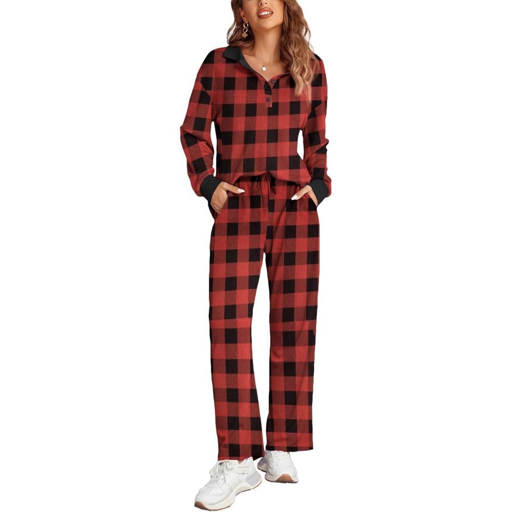 imageEkouaer Womens 2 Piece Matching Lounge Sets Fall Outfits 2025 Sweatsuit Waffle Knit Pajamas Sets Long Sleeve Sweater ClothesBlack and Red Plaid
