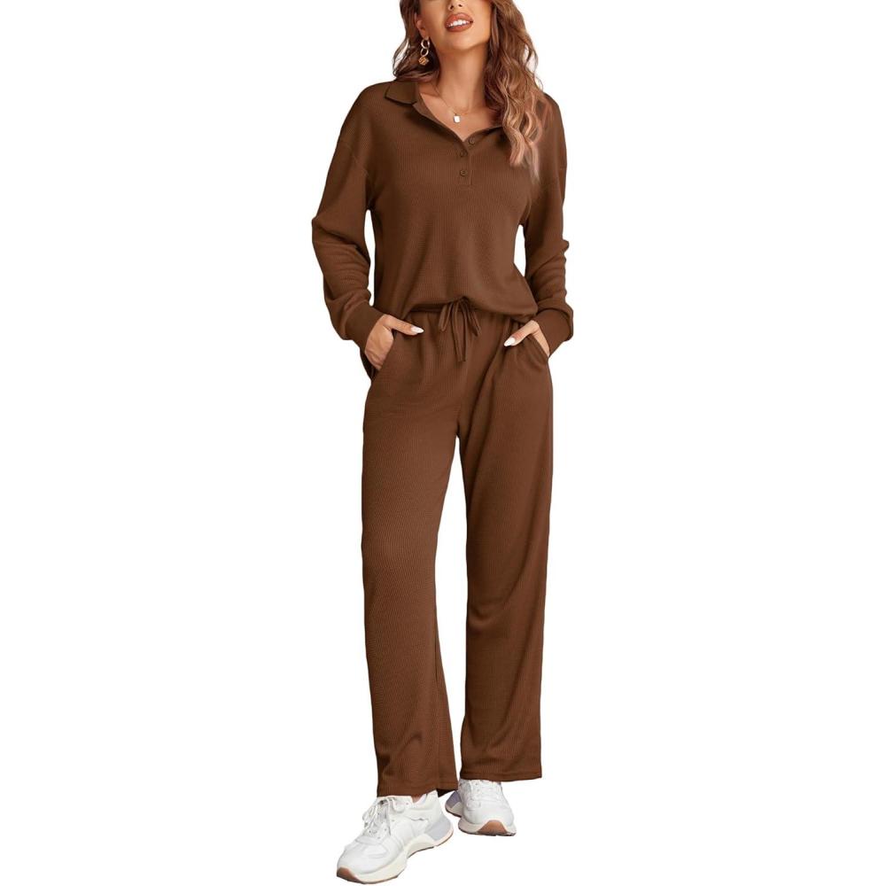 imageEkouaer Womens 2 Piece Matching Lounge Sets Fall Outfits 2025 Sweatsuit Waffle Knit Pajamas Sets Long Sleeve Sweater ClothesBrown