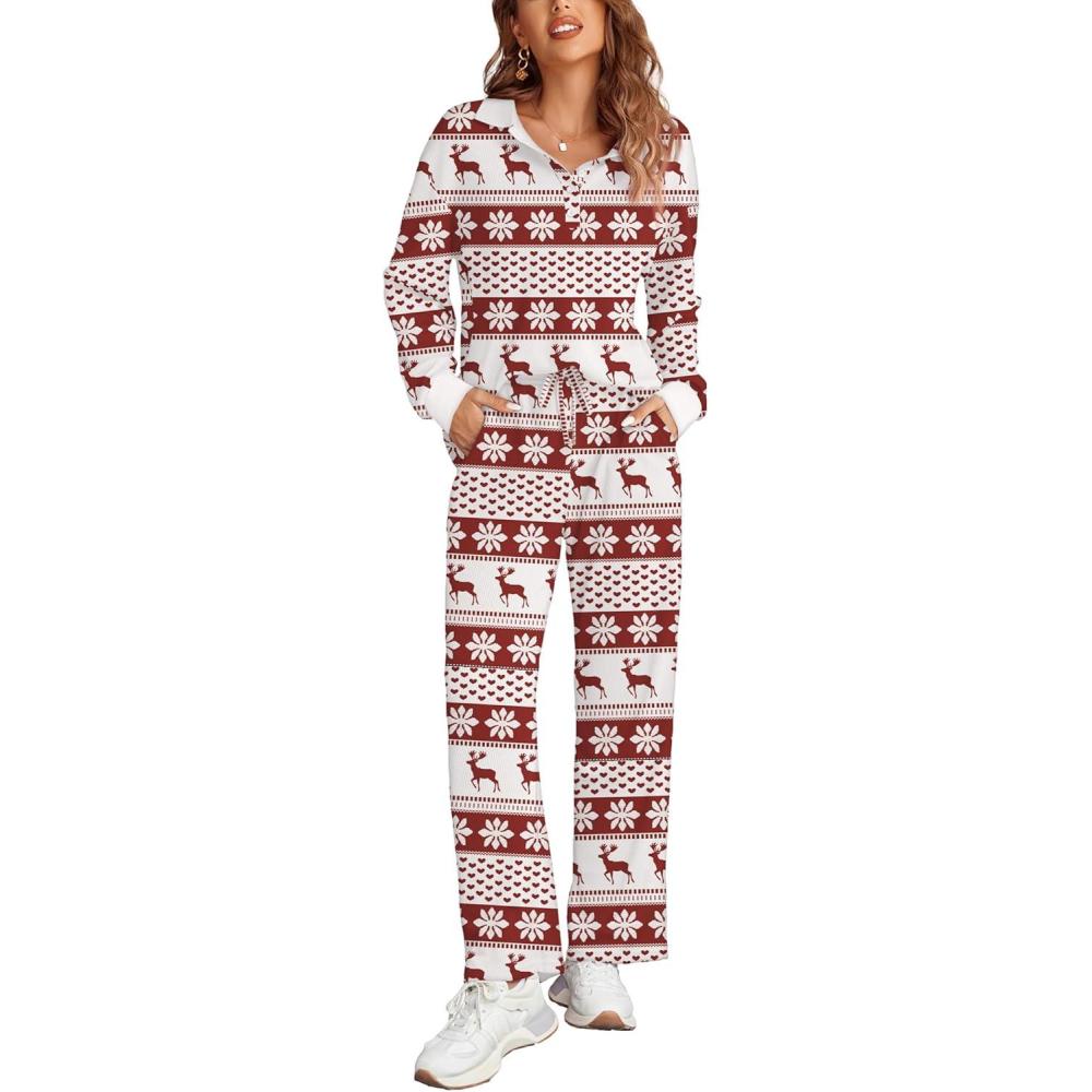 imageEkouaer Womens 2 Piece Matching Lounge Sets Fall Outfits 2025 Sweatsuit Waffle Knit Pajamas Sets Long Sleeve Sweater ClothesChristmas Red