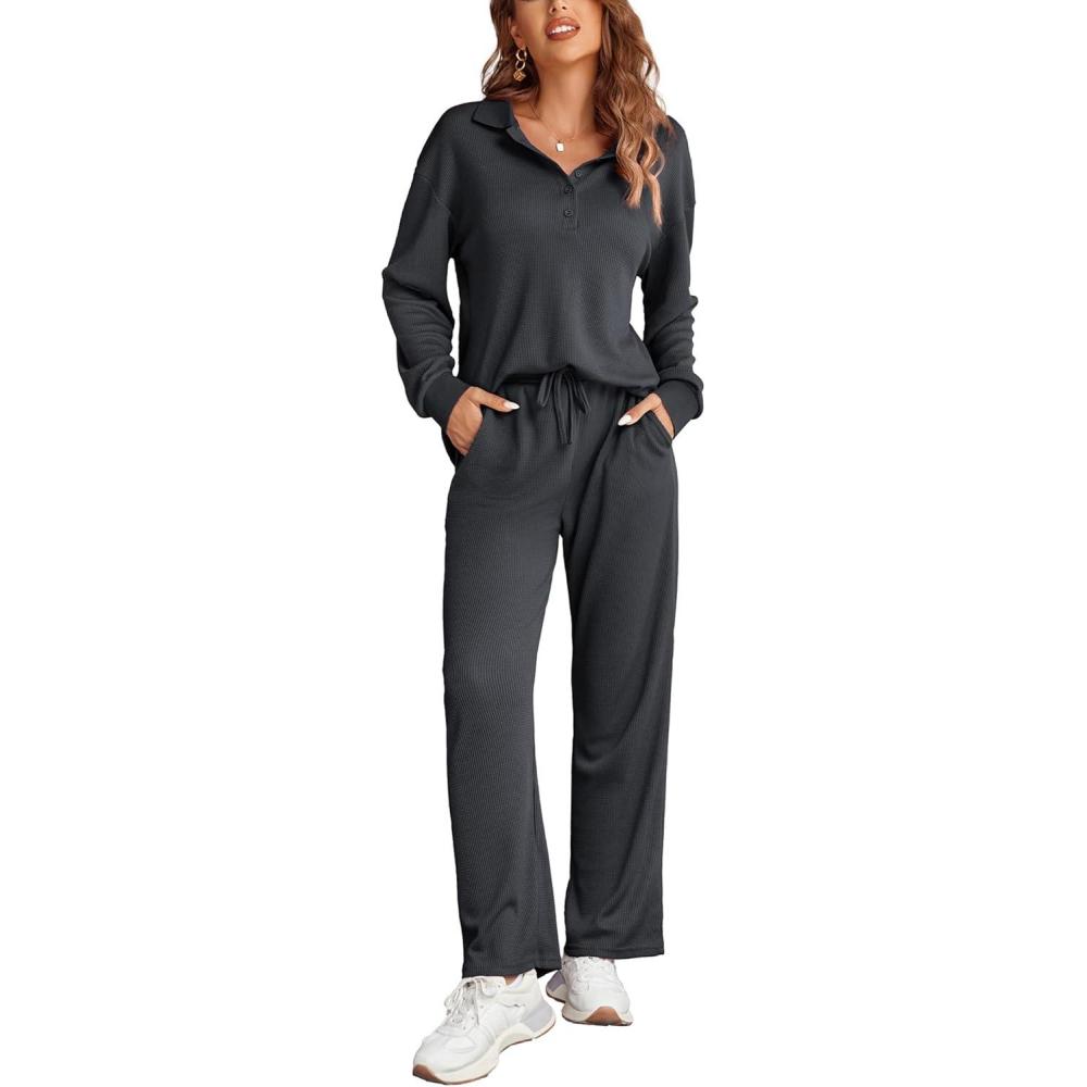 imageEkouaer Womens 2 Piece Matching Lounge Sets Fall Outfits 2025 Sweatsuit Waffle Knit Pajamas Sets Long Sleeve Sweater ClothesDark Grey