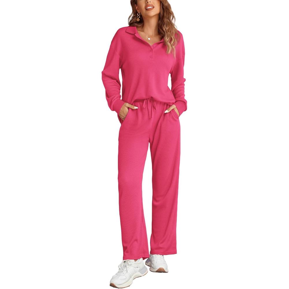 imageEkouaer Womens 2 Piece Matching Lounge Sets Fall Outfits 2025 Sweatsuit Waffle Knit Pajamas Sets Long Sleeve Sweater ClothesHot Pink