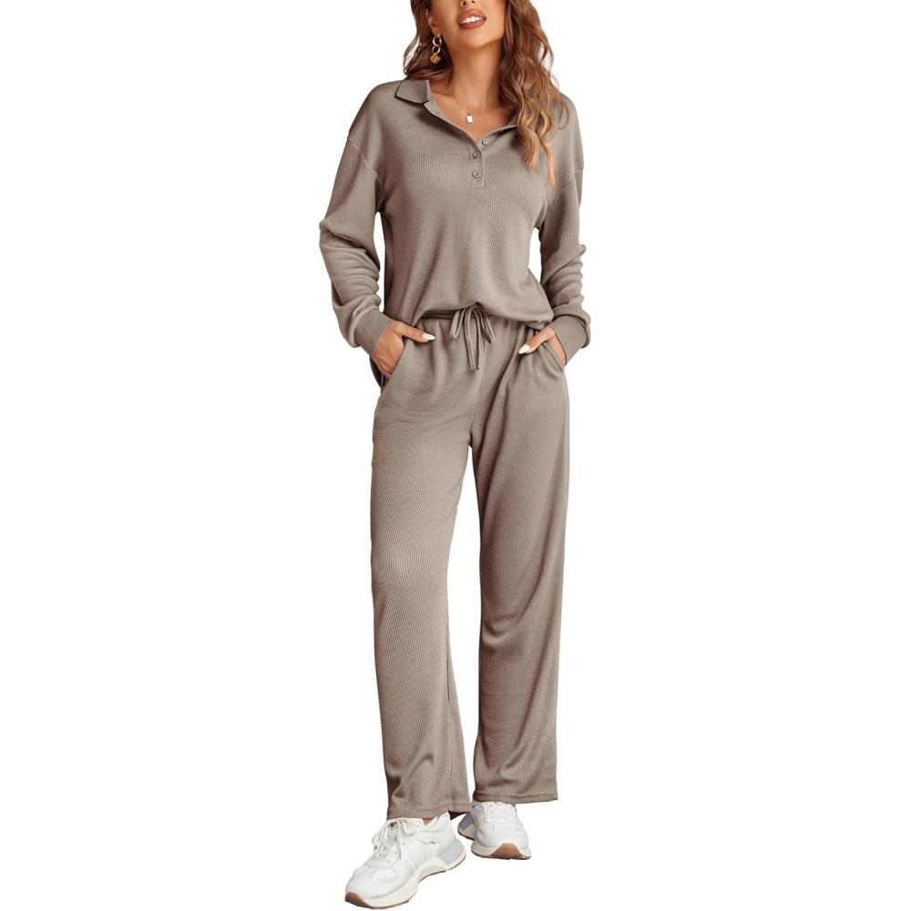 imageEkouaer Womens 2 Piece Matching Lounge Sets Fall Outfits 2025 Sweatsuit Waffle Knit Pajamas Sets Long Sleeve Sweater ClothesKhaki