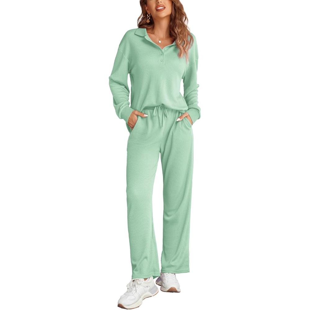 imageEkouaer Womens 2 Piece Matching Lounge Sets Fall Outfits 2025 Sweatsuit Waffle Knit Pajamas Sets Long Sleeve Sweater ClothesLight Green