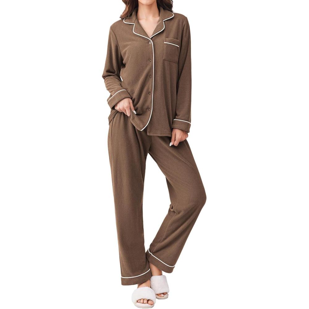imageEkouaer Womens Fleece Pajama Sets Long Sleeve Button Down Twopiece Sleepwear Soft Lounge SetBrown