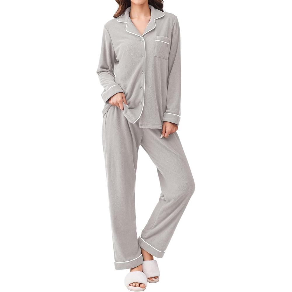 imageEkouaer Womens Fleece Pajama Sets Long Sleeve Button Down Twopiece Sleepwear Soft Lounge SetLight Gray