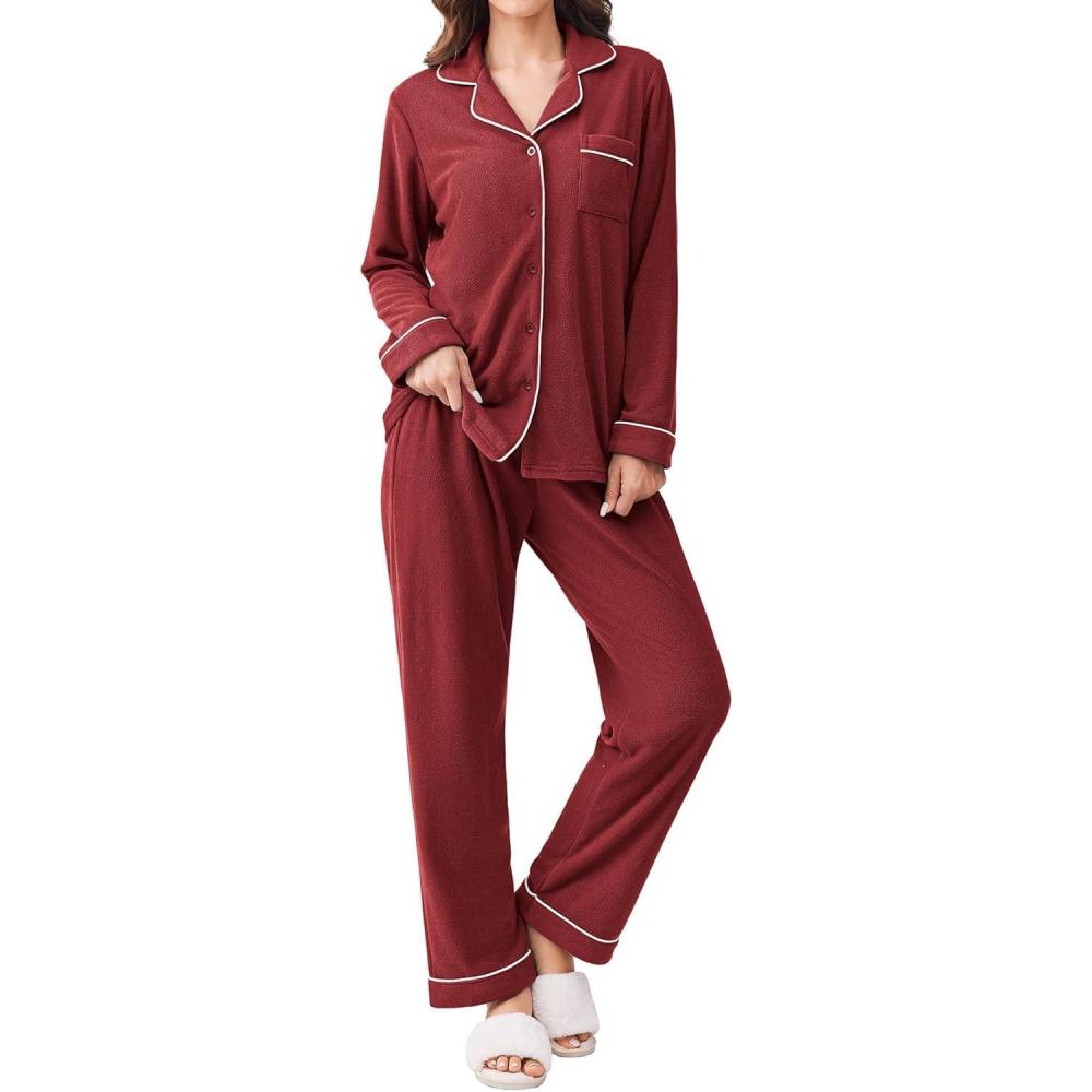 imageEkouaer Womens Fleece Pajama Sets Long Sleeve Button Down Twopiece Sleepwear Soft Lounge SetMaroon Red