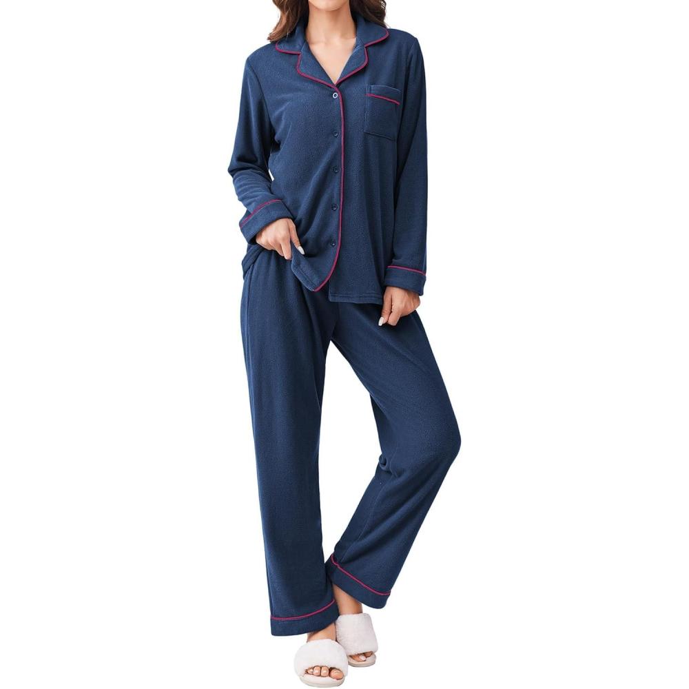 imageEkouaer Womens Fleece Pajama Sets Long Sleeve Button Down Twopiece Sleepwear Soft Lounge SetNavy Blue