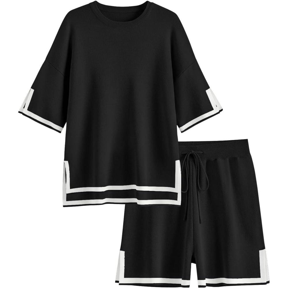 imageEkouaer Womens Knit Lounge Set 2 Piece Sweater Sets Short Sleeve Sweatsuit Pullover TopsBlack