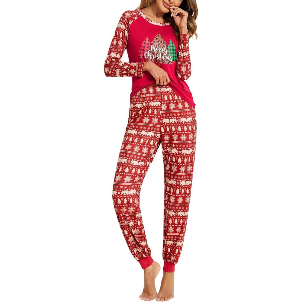 imageEkouaer Womens Pajama Set Christmas Pjs Long Sleeve Print Tops and Pajamas Pants Soft Sleepwear SetPat10christmas Tree3