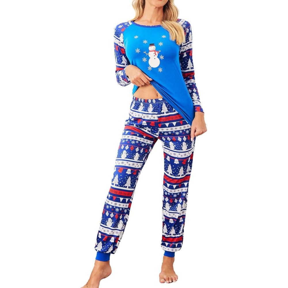 imageEkouaer Womens Pajama Set Christmas Pjs Long Sleeve Print Tops and Pajamas Pants Soft Sleepwear SetPat13snowman Tree