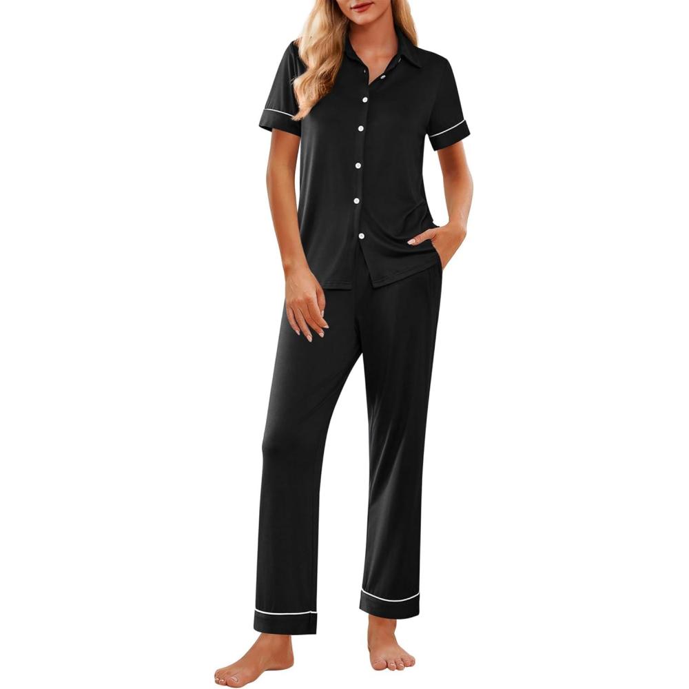 imageEkouaer Womens Pajama Sets 2 Piece Button Down Short Sleeve Pjs Set Soft Lounge Set with Long Pants SXXLBlack