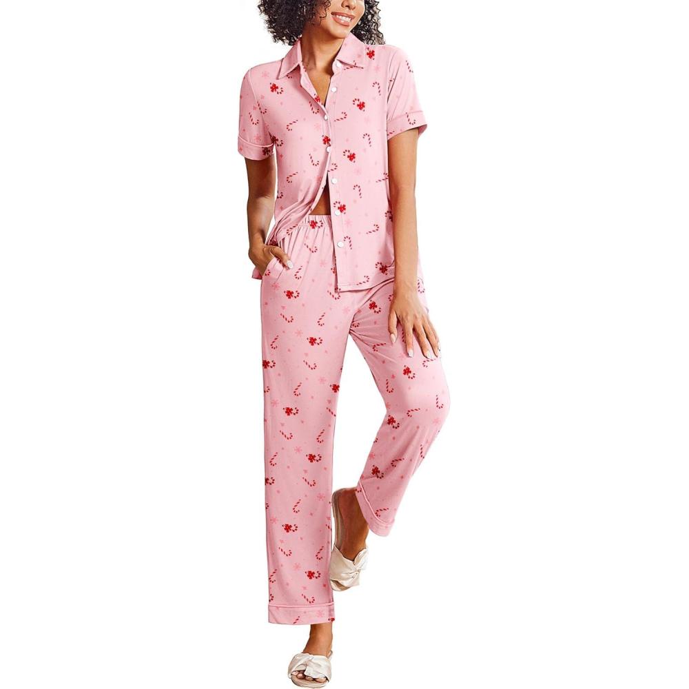 imageEkouaer Womens Pajama Sets 2 Piece Button Down Short Sleeve Pjs Set Soft Lounge Set with Long Pants SXXLChristmas Cane
