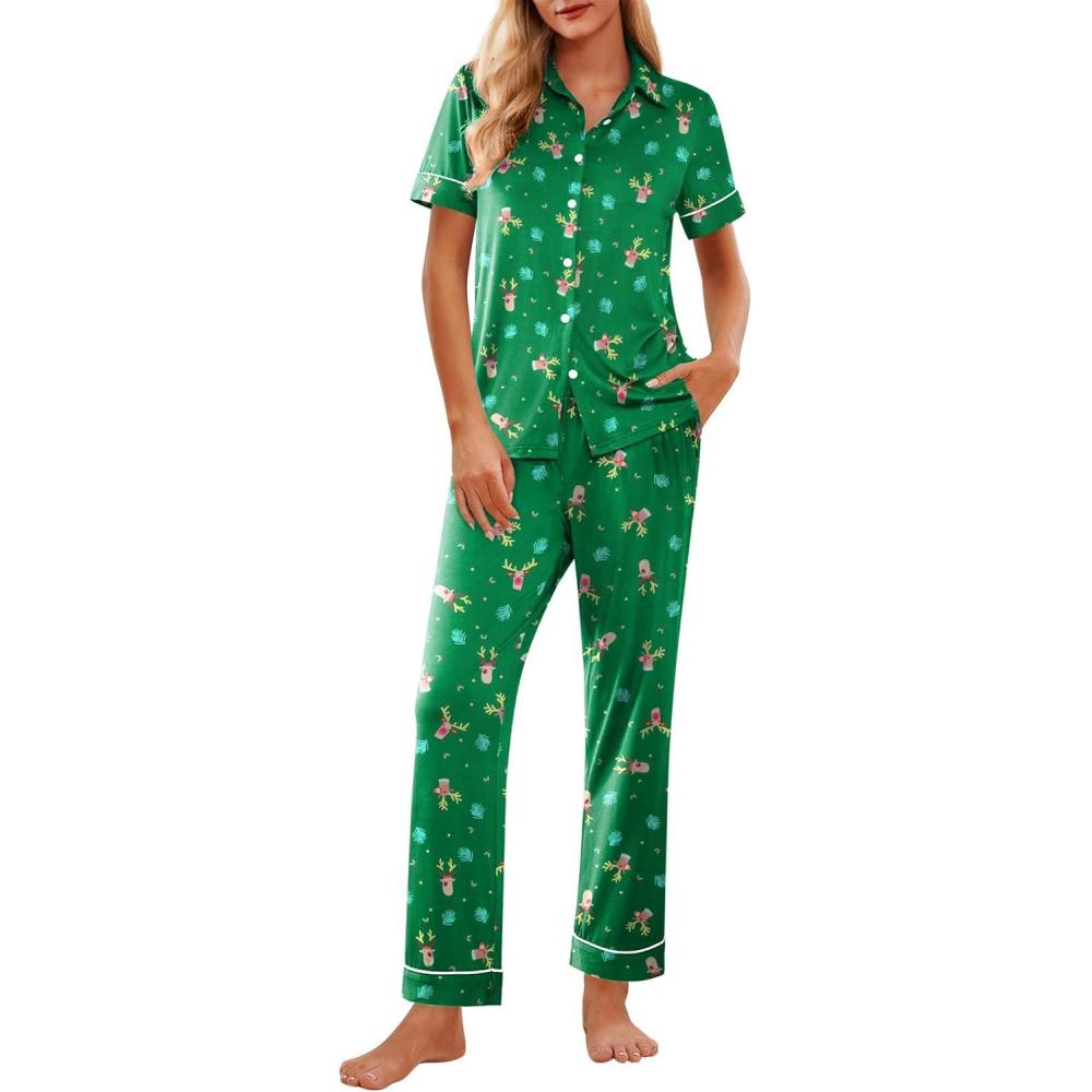 imageEkouaer Womens Pajama Sets 2 Piece Button Down Short Sleeve Pjs Set Soft Lounge Set with Long Pants SXXLChristmas Deer