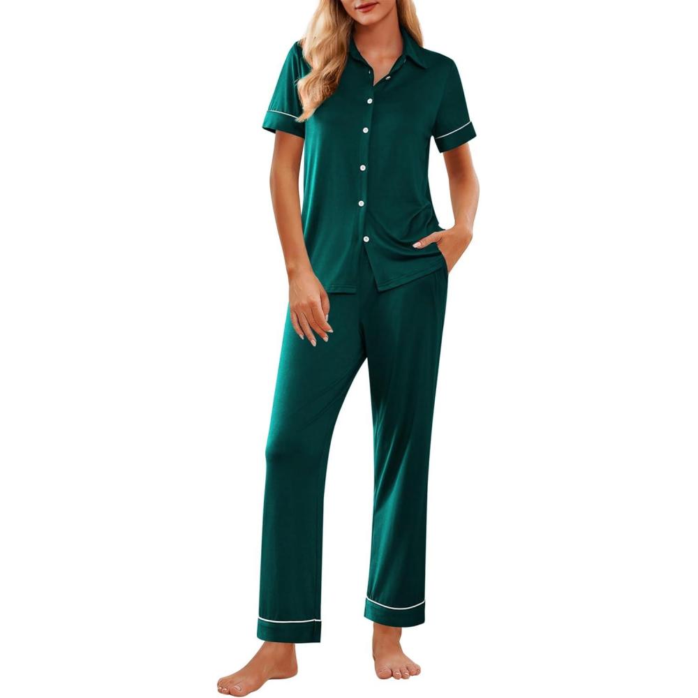 imageEkouaer Womens Pajama Sets 2 Piece Button Down Short Sleeve Pjs Set Soft Lounge Set with Long Pants SXXLGreen