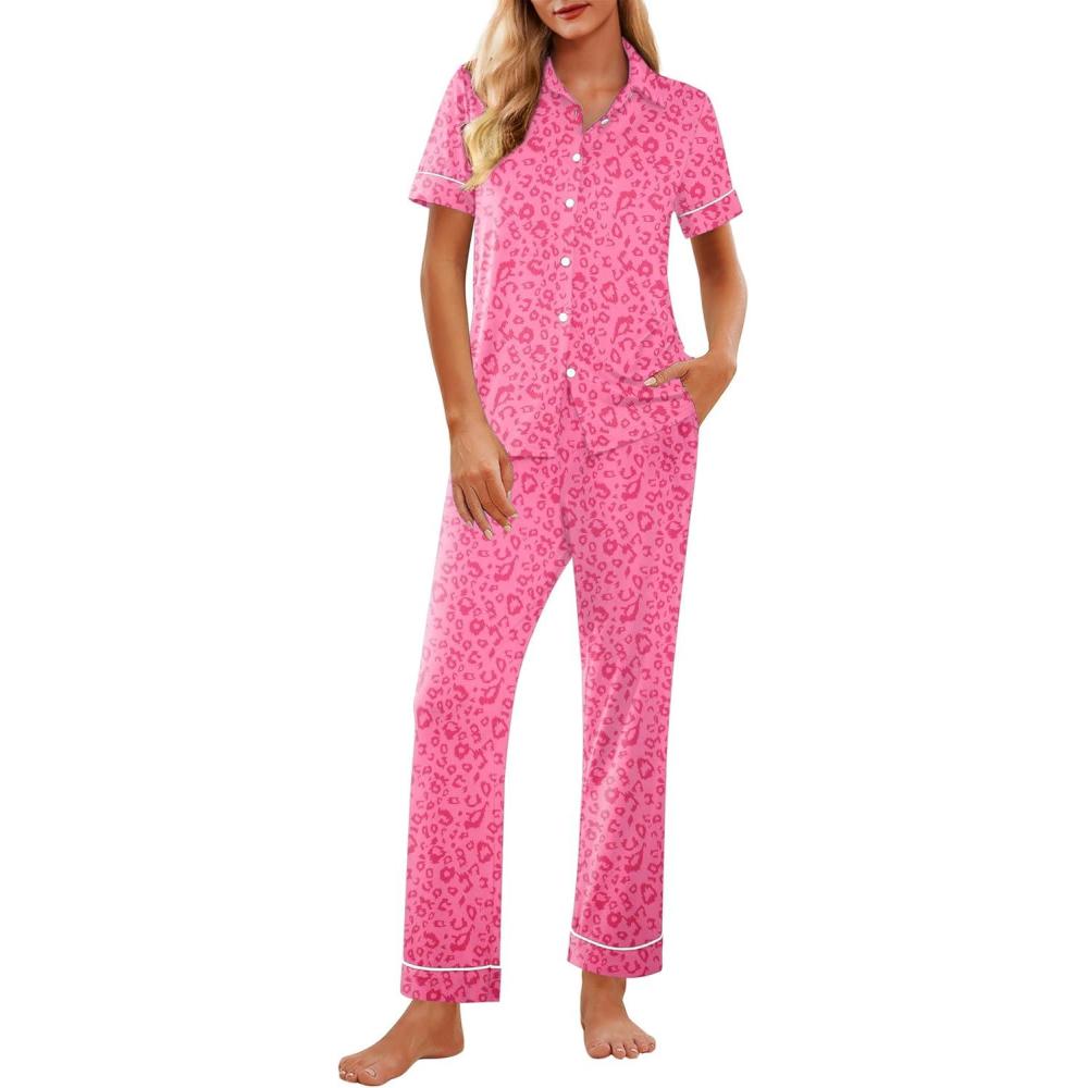 imageEkouaer Womens Pajama Sets 2 Piece Button Down Short Sleeve Pjs Set Soft Lounge Set with Long Pants SXXLHot Pink Leopard Print