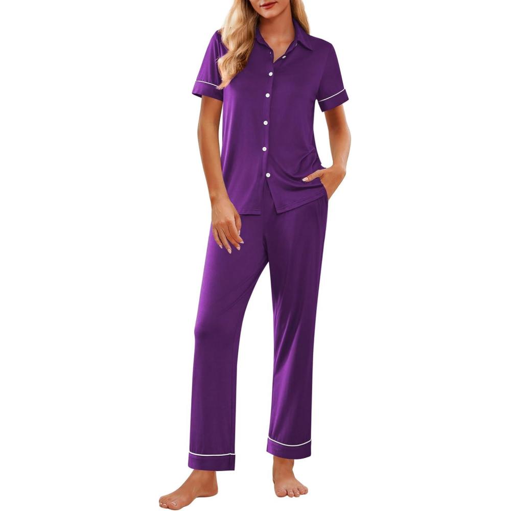 imageEkouaer Womens Pajama Sets 2 Piece Button Down Short Sleeve Pjs Set Soft Lounge Set with Long Pants SXXLPurple