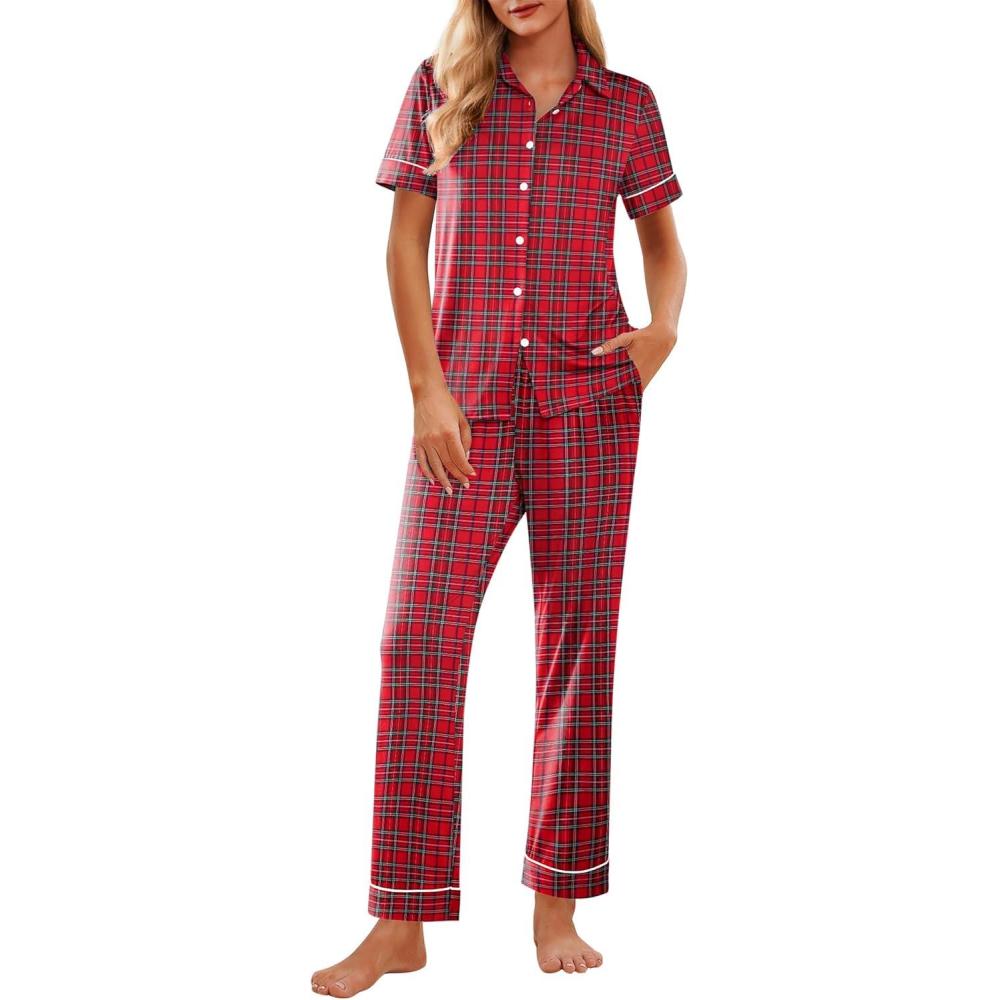 imageEkouaer Womens Pajama Sets 2 Piece Button Down Short Sleeve Pjs Set Soft Lounge Set with Long Pants SXXLRed Green Plaid