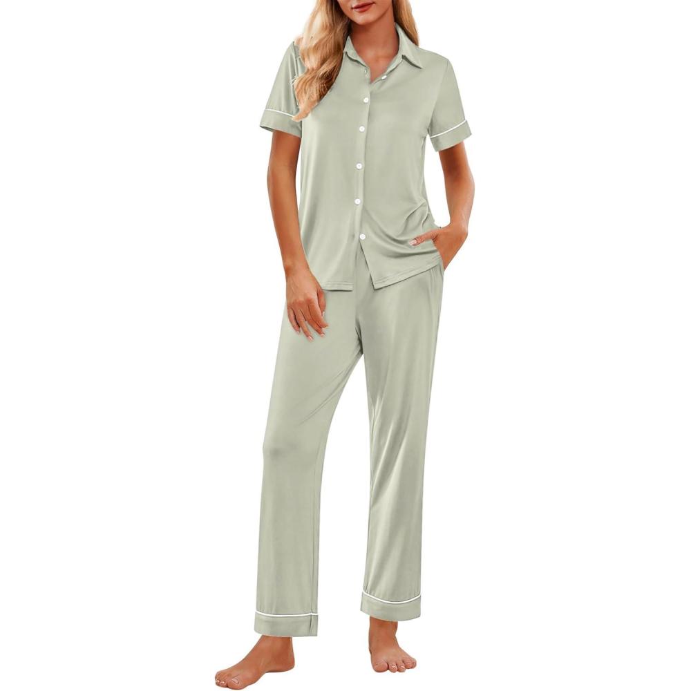 imageEkouaer Womens Pajama Sets 2 Piece Button Down Short Sleeve Pjs Set Soft Lounge Set with Long Pants SXXLSage Green