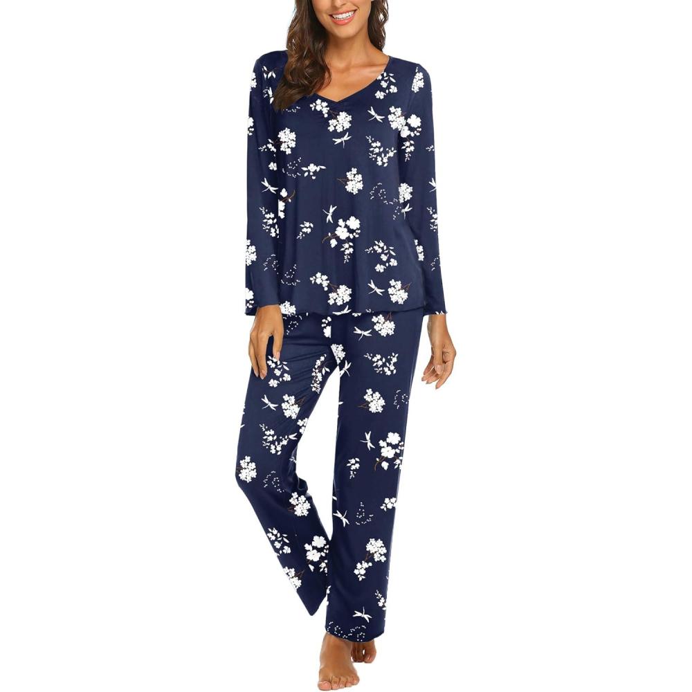 imageEkouaer Womens Pajama Sets 2 Piece Lounge Set Fall Winter Pajamas Long Sleeve Pjs Top and Pants Soft Pj Sets Loose SleepwearBlue White Flower