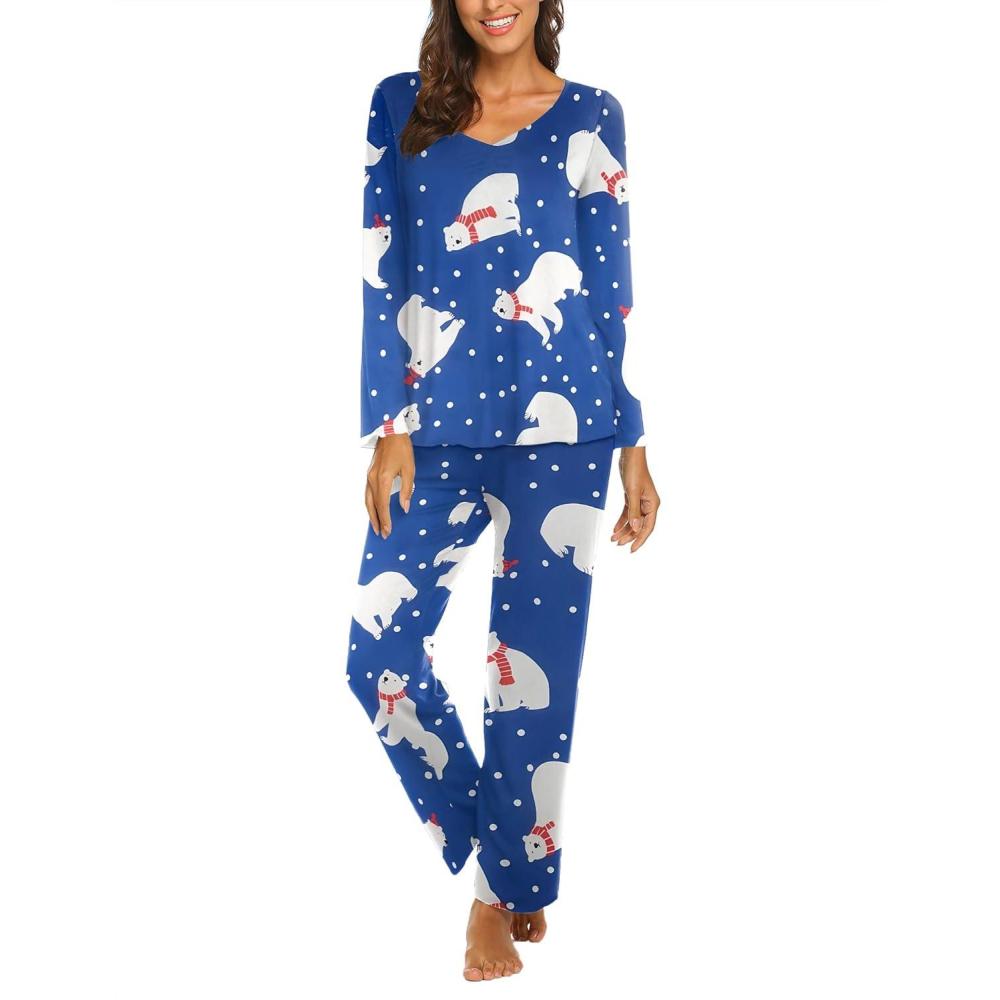 imageEkouaer Womens Pajama Sets 2 Piece Lounge Set Fall Winter Pajamas Long Sleeve Pjs Top and Pants Soft Pj Sets Loose SleepwearChristmas Polar Bearroyal Blue