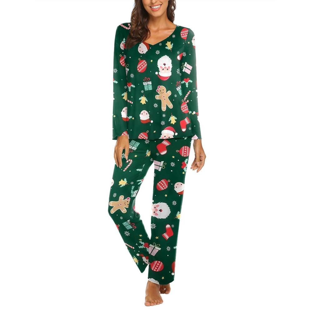 imageEkouaer Womens Pajama Sets 2 Piece Lounge Set Fall Winter Pajamas Long Sleeve Pjs Top and Pants Soft Pj Sets Loose SleepwearChristmas Snowman Green