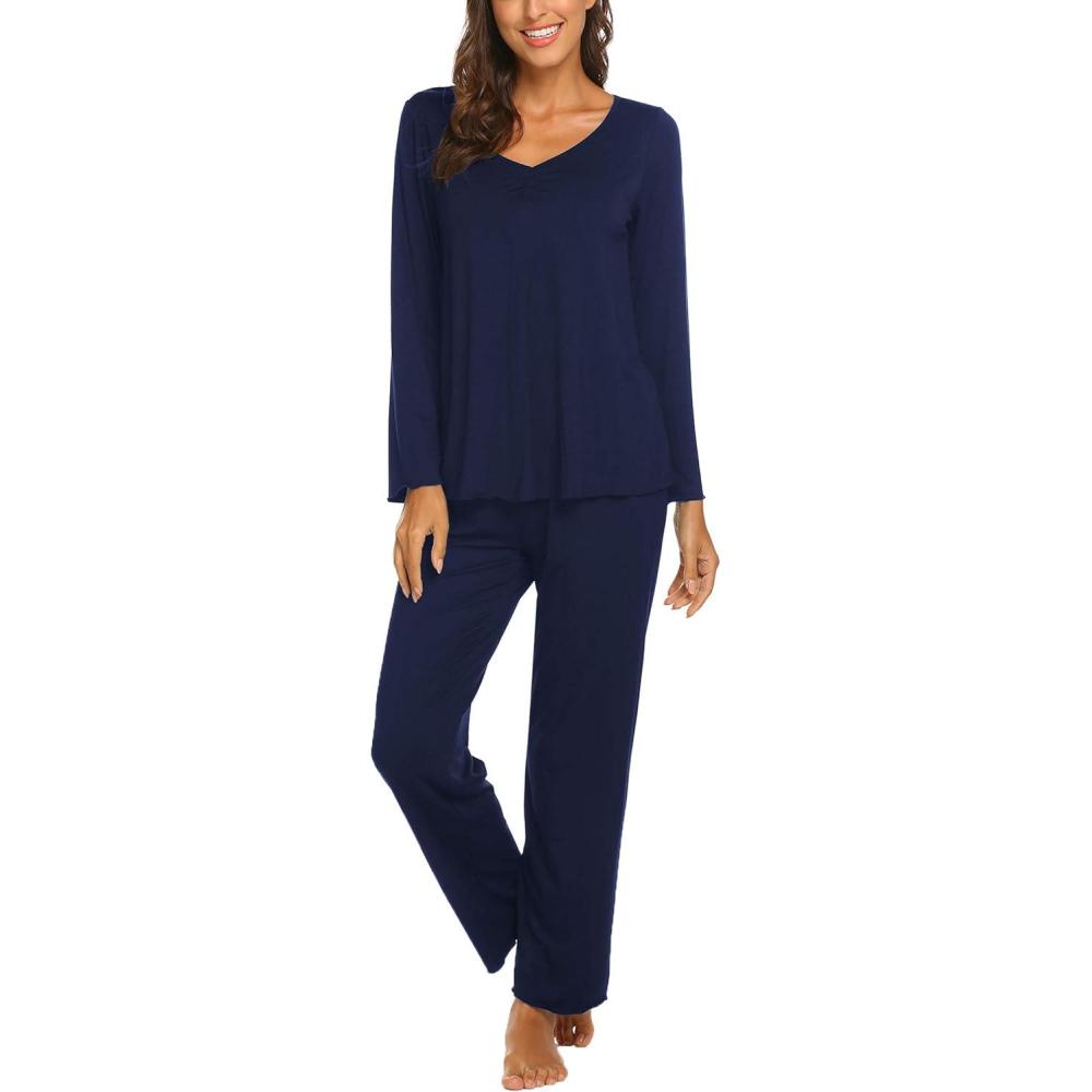 imageEkouaer Womens Pajama Sets 2 Piece Lounge Set Fall Winter Pajamas Long Sleeve Pjs Top and Pants Soft Pj Sets Loose SleepwearDark Blue