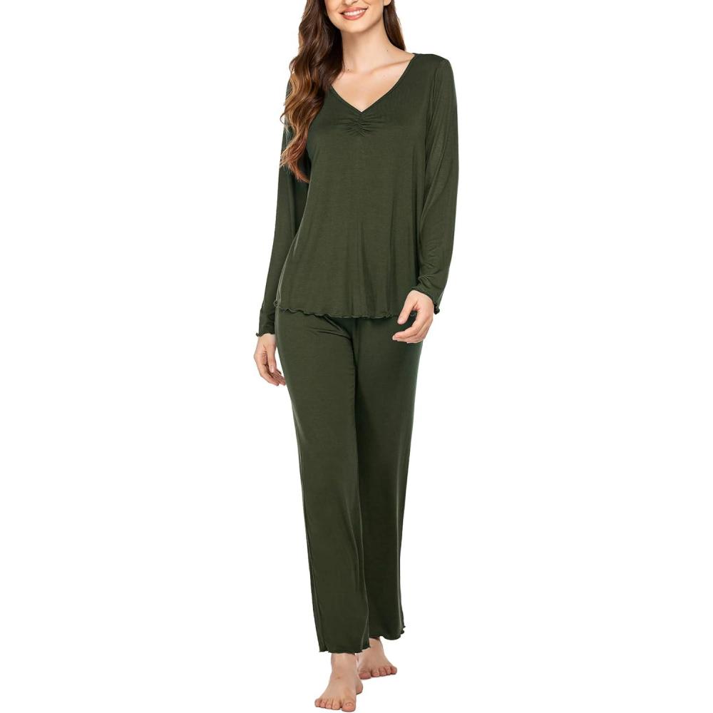 imageEkouaer Womens Pajama Sets 2 Piece Lounge Set Fall Winter Pajamas Long Sleeve Pjs Top and Pants Soft Pj Sets Loose SleepwearDark Green