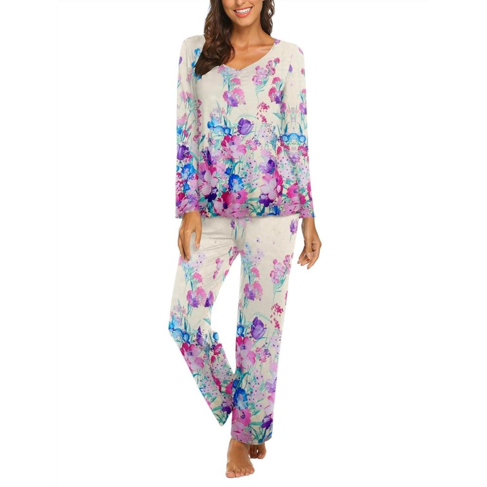 imageEkouaer Womens Pajama Sets 2 Piece Lounge Set Fall Winter Pajamas Long Sleeve Pjs Top and Pants Soft Pj Sets Loose SleepwearFlowersyellow Rose Red Blue