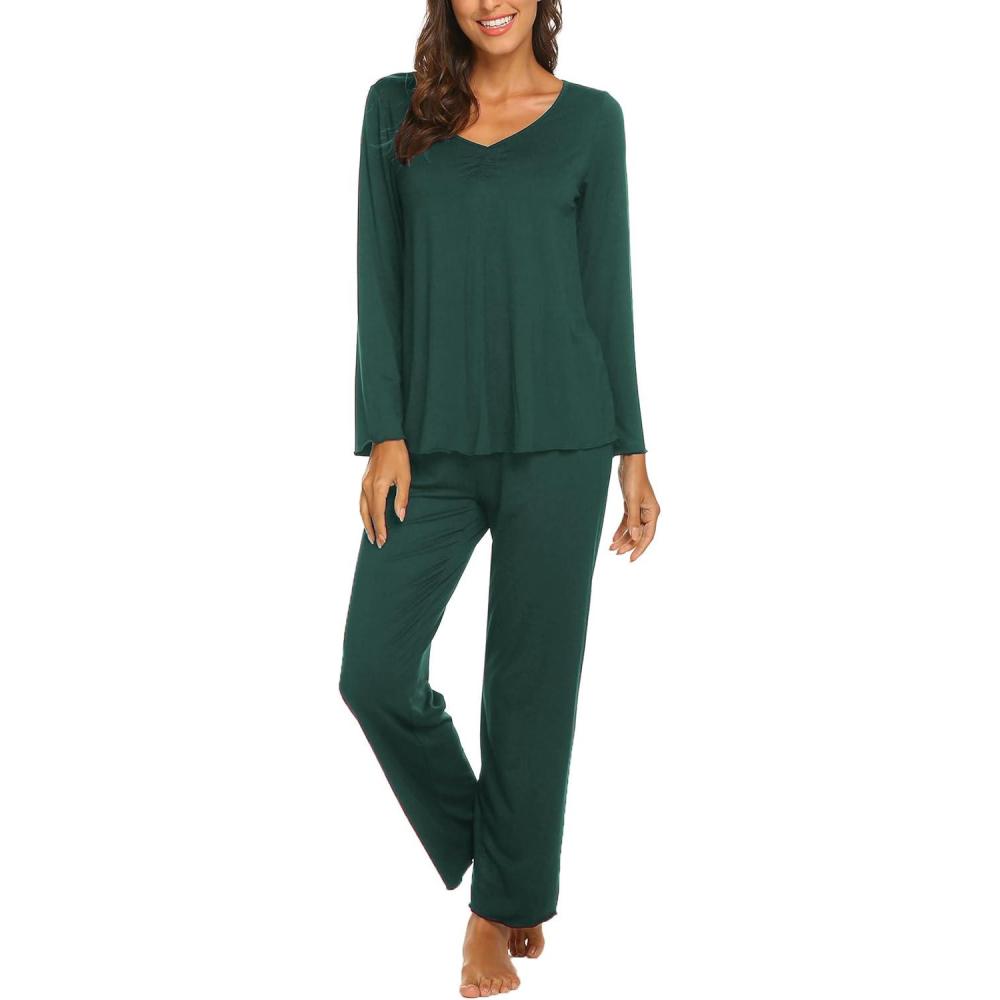 imageEkouaer Womens Pajama Sets 2 Piece Lounge Set Fall Winter Pajamas Long Sleeve Pjs Top and Pants Soft Pj Sets Loose SleepwearGreen