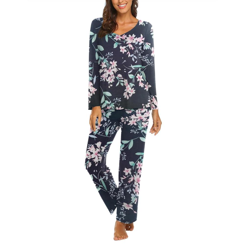imageEkouaer Womens Pajama Sets 2 Piece Lounge Set Fall Winter Pajamas Long Sleeve Pjs Top and Pants Soft Pj Sets Loose SleepwearLarge Flower Cluster