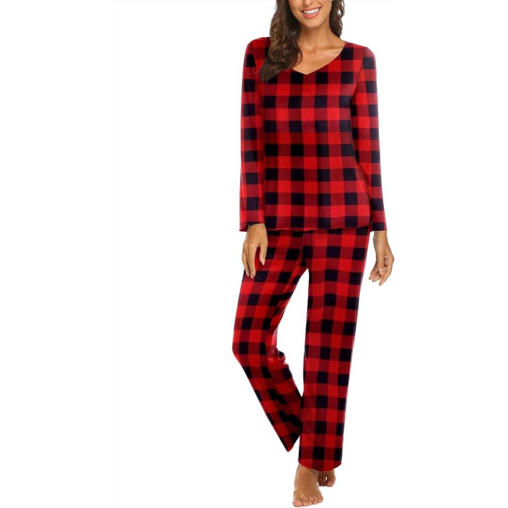 imageEkouaer Womens Pajama Sets 2 Piece Lounge Set Fall Winter Pajamas Long Sleeve Pjs Top and Pants Soft Pj Sets Loose SleepwearMedium Chessboardblack and Red