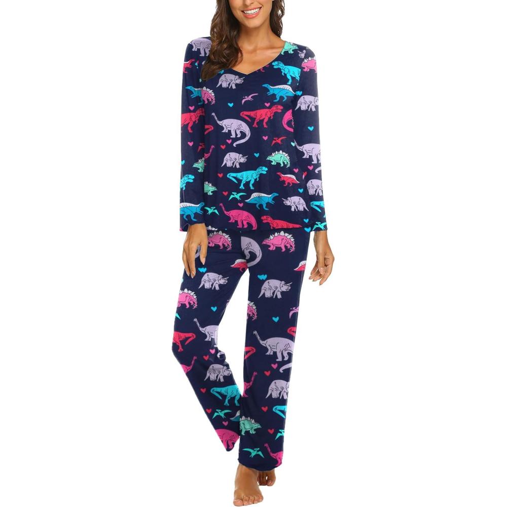 imageEkouaer Womens Pajama Sets 2 Piece Lounge Set Fall Winter Pajamas Long Sleeve Pjs Top and Pants Soft Pj Sets Loose SleepwearMulticolored Dinosaurs