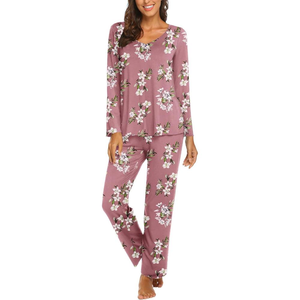 imageEkouaer Womens Pajama Sets 2 Piece Lounge Set Fall Winter Pajamas Long Sleeve Pjs Top and Pants Soft Pj Sets Loose SleepwearPink White Flower