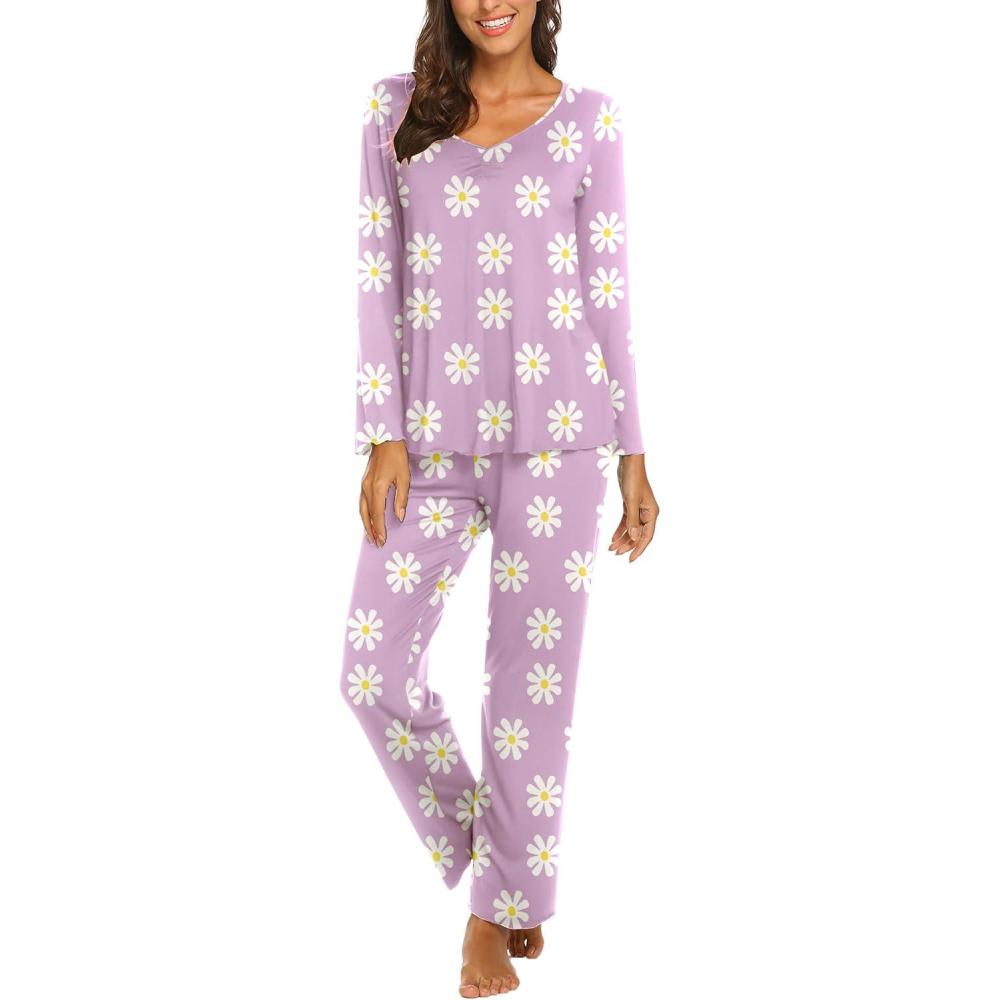 imageEkouaer Womens Pajama Sets 2 Piece Lounge Set Fall Winter Pajamas Long Sleeve Pjs Top and Pants Soft Pj Sets Loose SleepwearPurple Daisy Flowers
