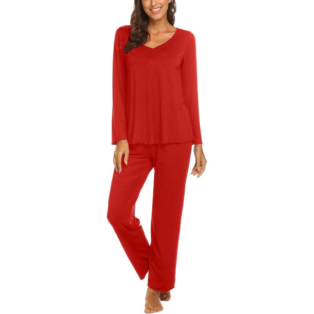 imageEkouaer Womens Pajama Sets 2 Piece Lounge Set Fall Winter Pajamas Long Sleeve Pjs Top and Pants Soft Pj Sets Loose SleepwearRed