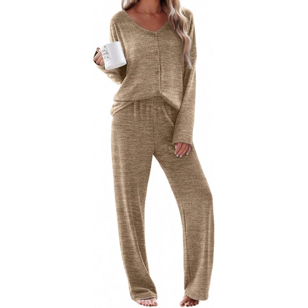 imageEkouaer Womens Pajama Sets Button Up Long Sleeve Pjs Soft Lounge Set 2 Piece Sleepwear with PocketsKhaki