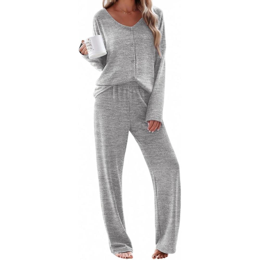 imageEkouaer Womens Pajama Sets Button Up Long Sleeve Pjs Soft Lounge Set 2 Piece Sleepwear with PocketsLight Grey