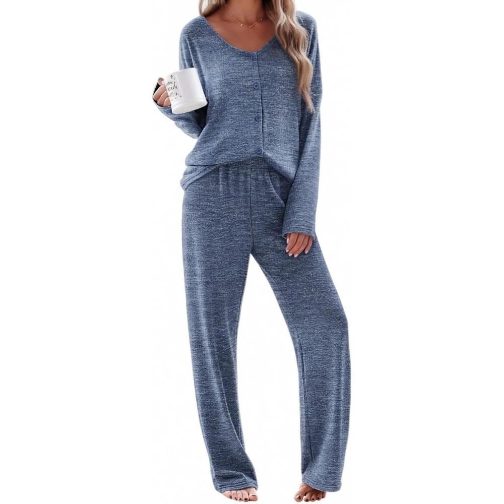 imageEkouaer Womens Pajama Sets Button Up Long Sleeve Pjs Soft Lounge Set 2 Piece Sleepwear with PocketsNavy